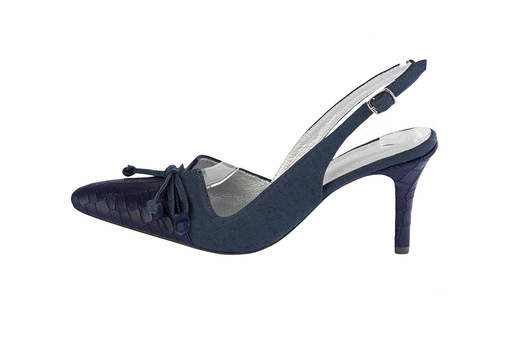 Navy blue women's open back shoes, with a knot. Tapered toe. High slim heel. Profile view - Florence KOOIJMAN